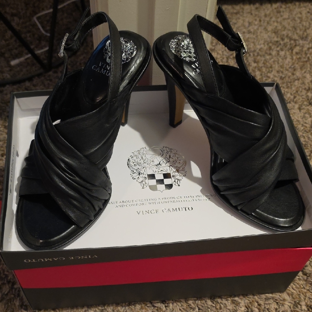 Vince Camuto Black Leather Crisscross Slingback Heels